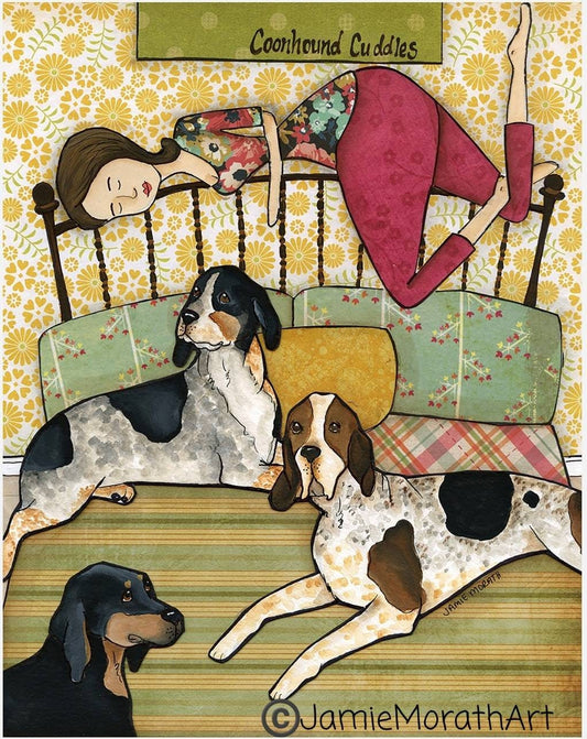 Coonhound Cuddles, dog art print