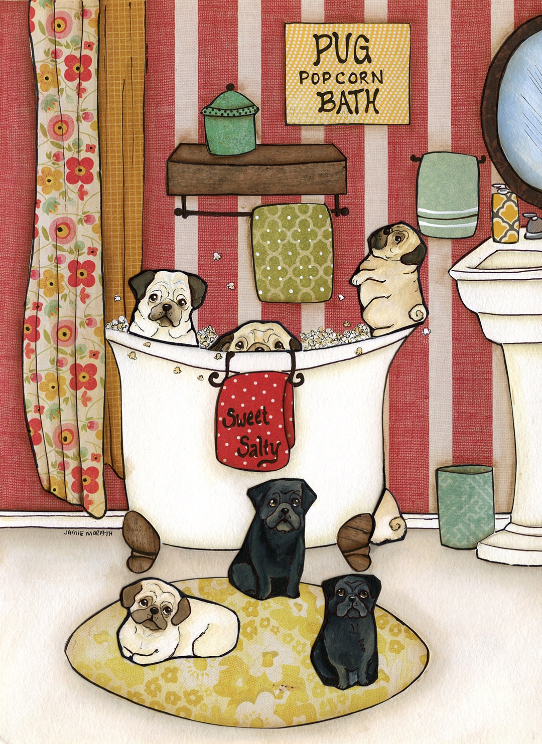 Pug Popcorn Bath, art print