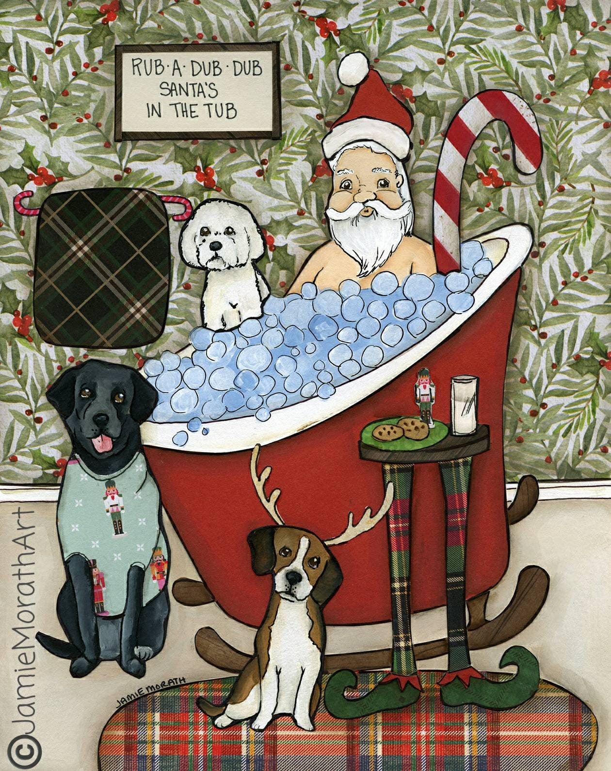 Santa's In The Tub, art print