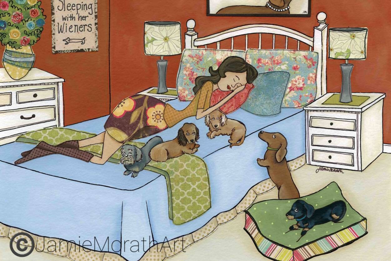 Sleeping With Her Wieners, dachshund wall decor
