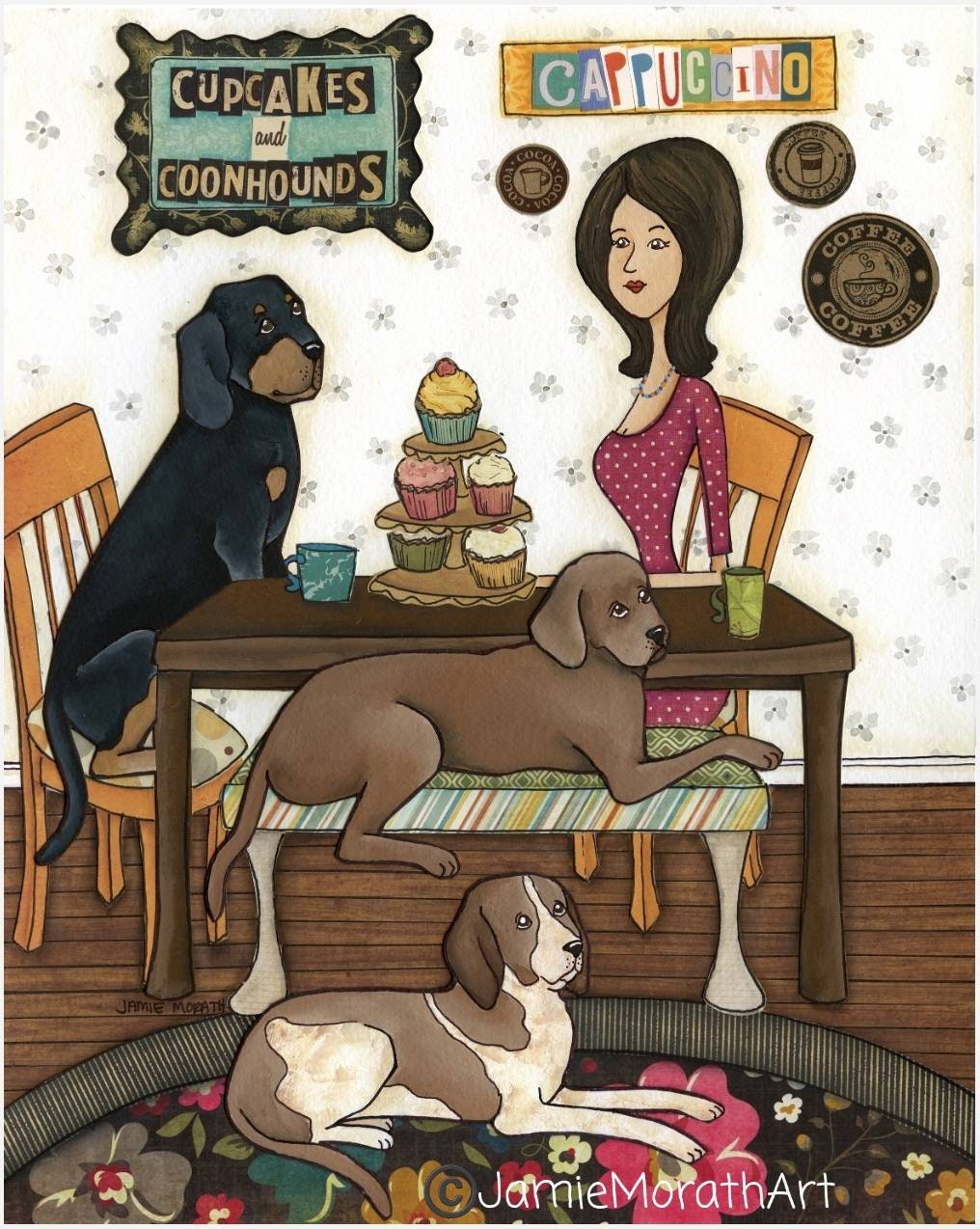 Cupcakes and Coonhounds, dog art print