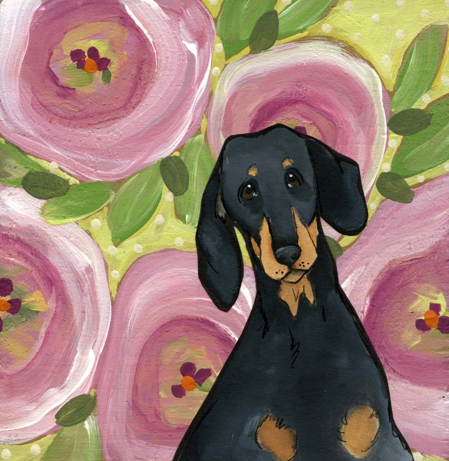 Pink Poppy Doxie, dachshund dog art print