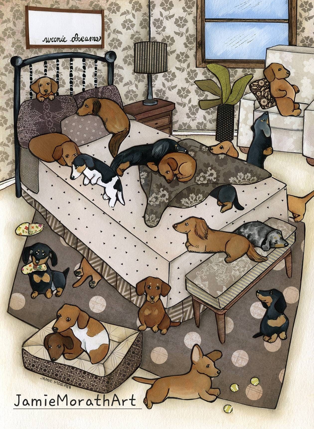 Weenie Dreams, dachshund dog art print